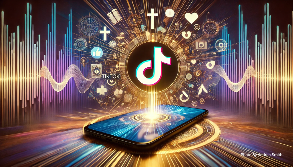A smartphone with a glowing TikTok logo, radiating digital waves with icons of faith and social media in the background.