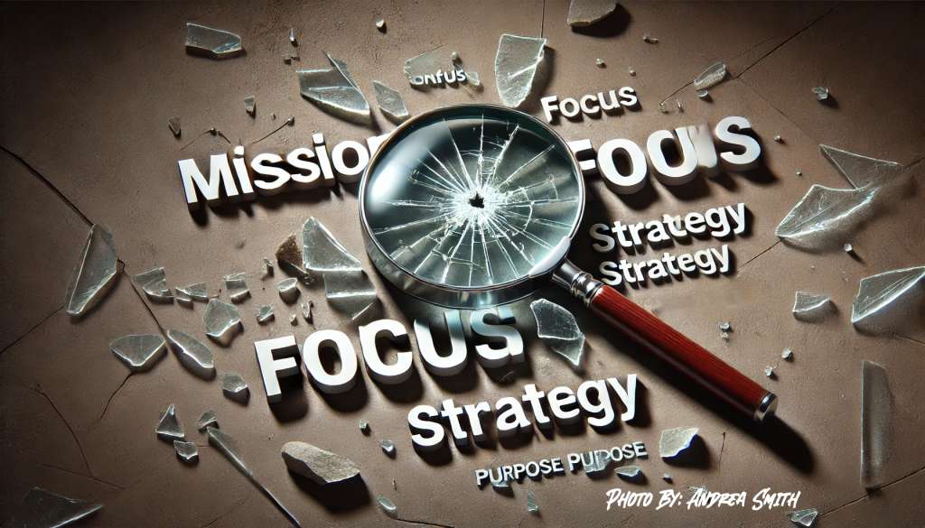 A broken magnifying glass lies over the words "MISSION," "FOCUS," and "STRATEGY," with shattered glass scattered across the surface, symbolizing confusion and lack of clarity.