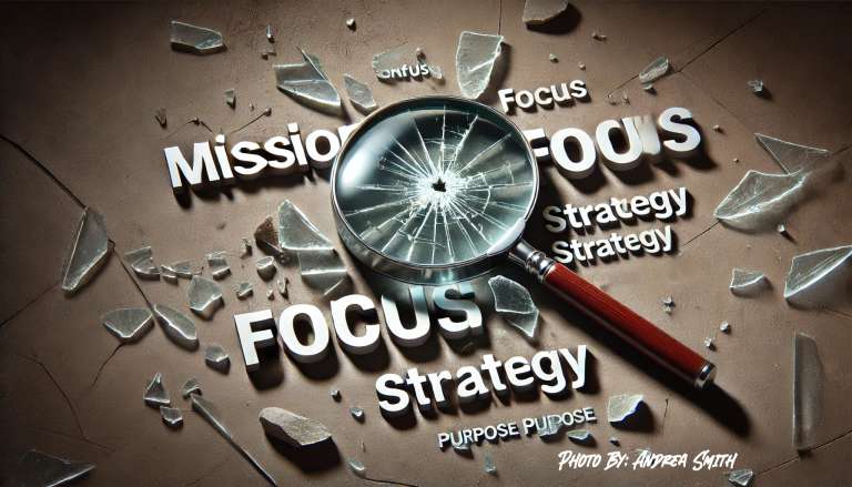 A broken magnifying glass lies over the words "MISSION," "FOCUS," and "STRATEGY," with shattered glass scattered across the surface, symbolizing confusion and lack of clarity.