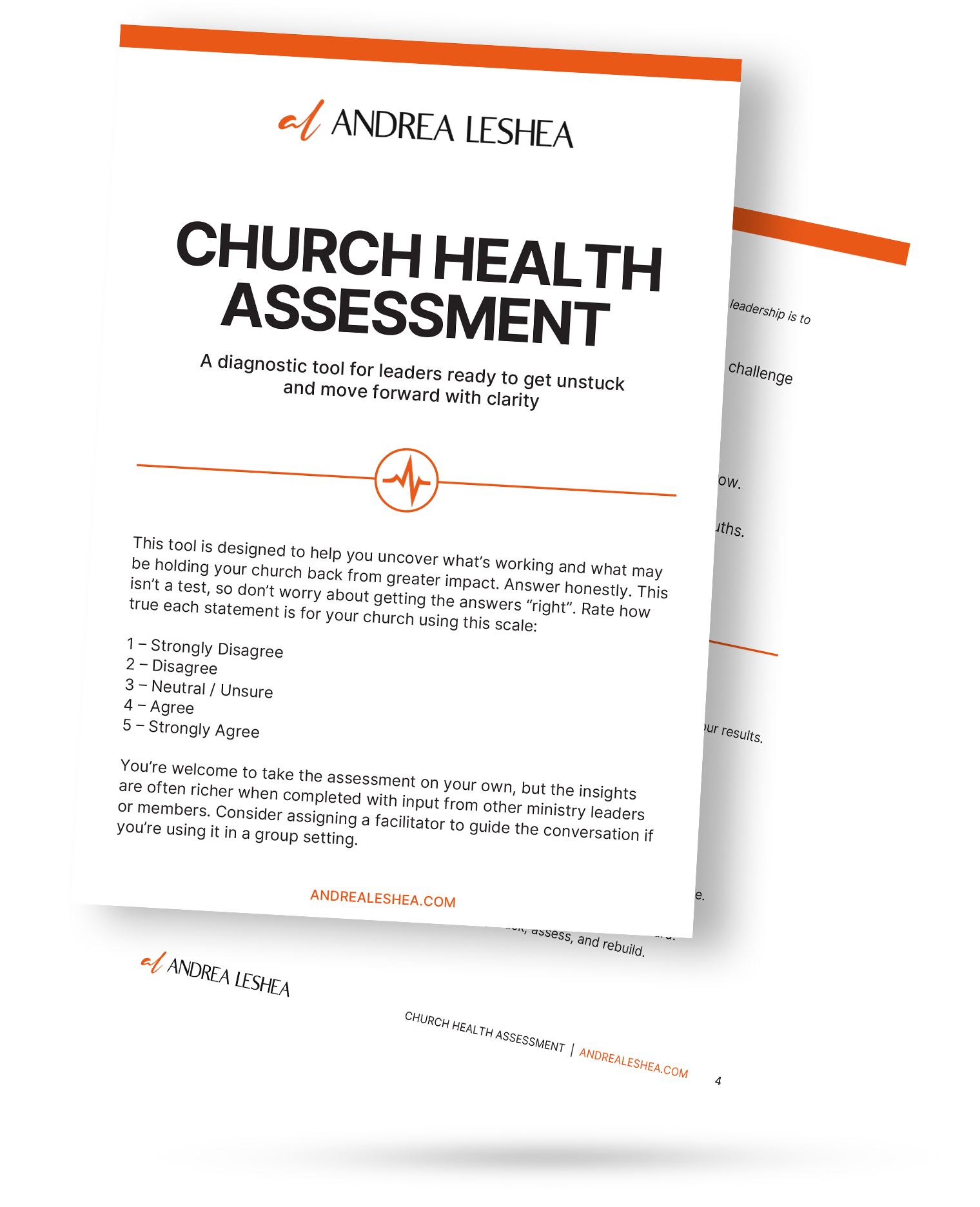 A professional mockup of a multi-page Church Health Assessment PDF titled “Church Health Assessment” by Andrea LeShea, featuring bold black text on a clean white background with orange accents.
