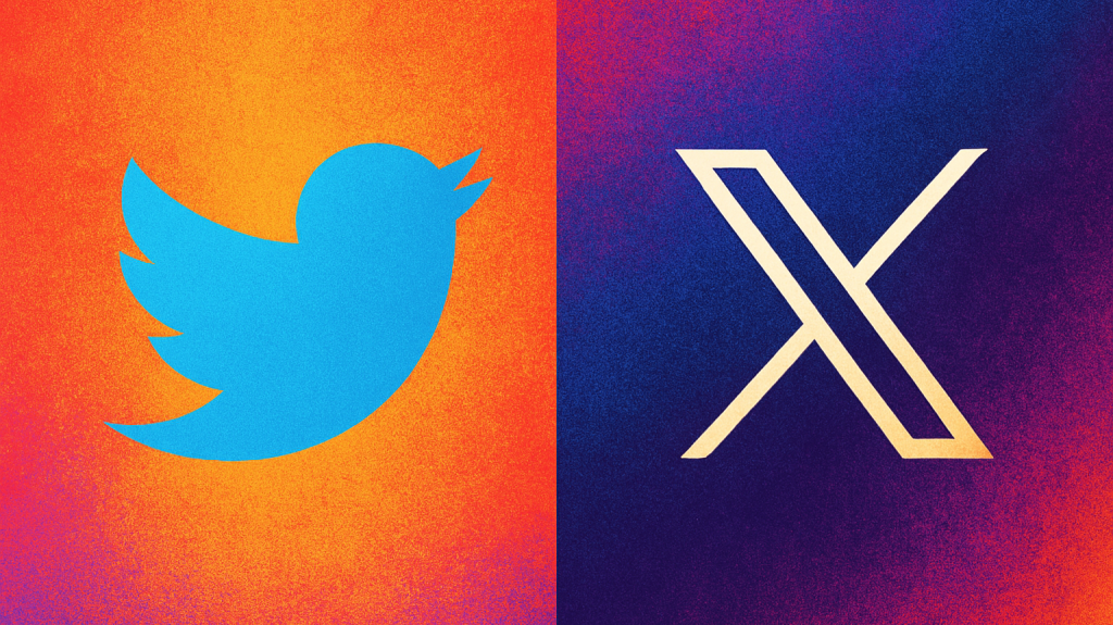 Side-by-side image of the Twitter bird logo and the new X logo, illustrating the platform’s rebrand.