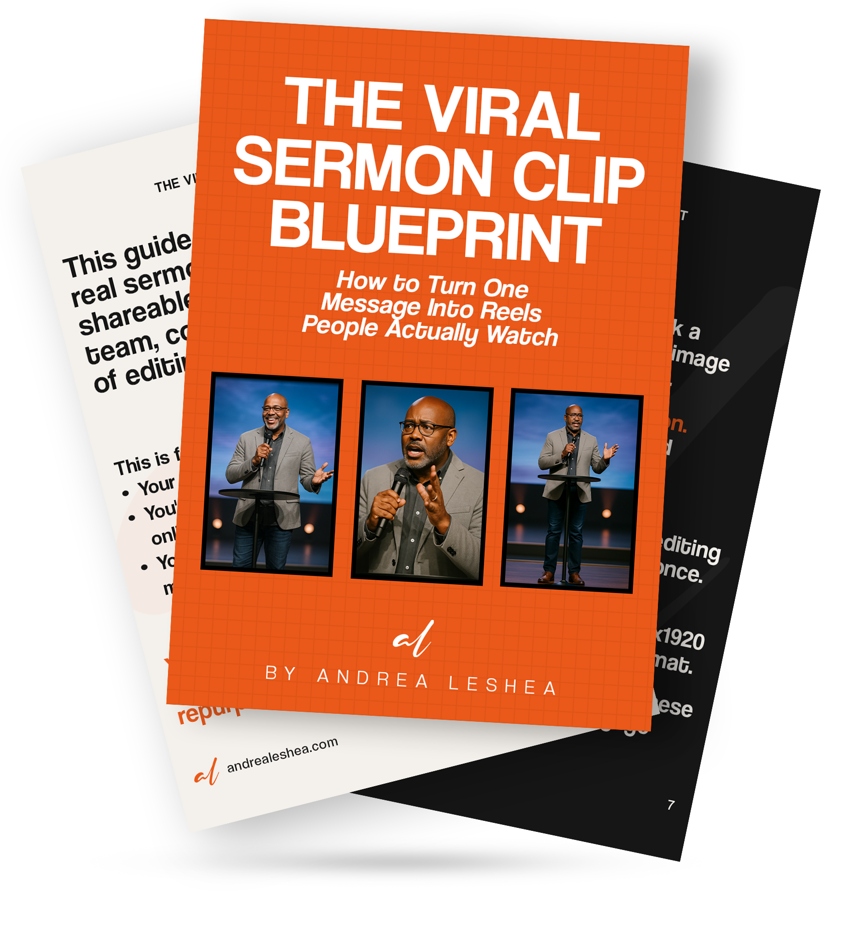 Cover mockup of “The Viral Sermon Clip Blueprint” by Andrea LeShea, featuring sermon clip strategies for church teams.