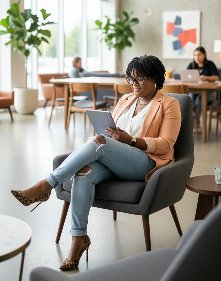 Businesswoman seated in a modern lounge working on a tablet in a bright, contemporary workspace.