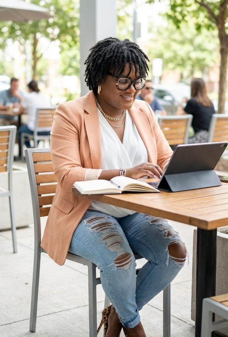 Businesswoman seated at an outdoor café table working on a tablet and notebook in a relaxed professional setting.