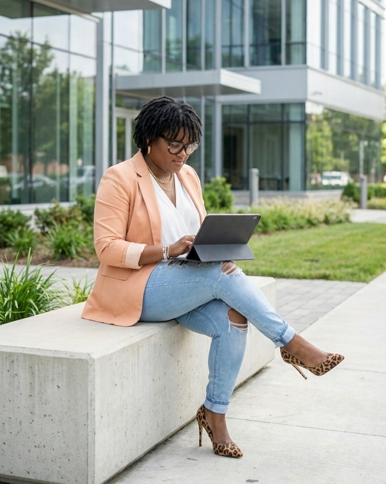 Professional woman seated outdoors near a modern office building, working on a tablet in business-casual attire.