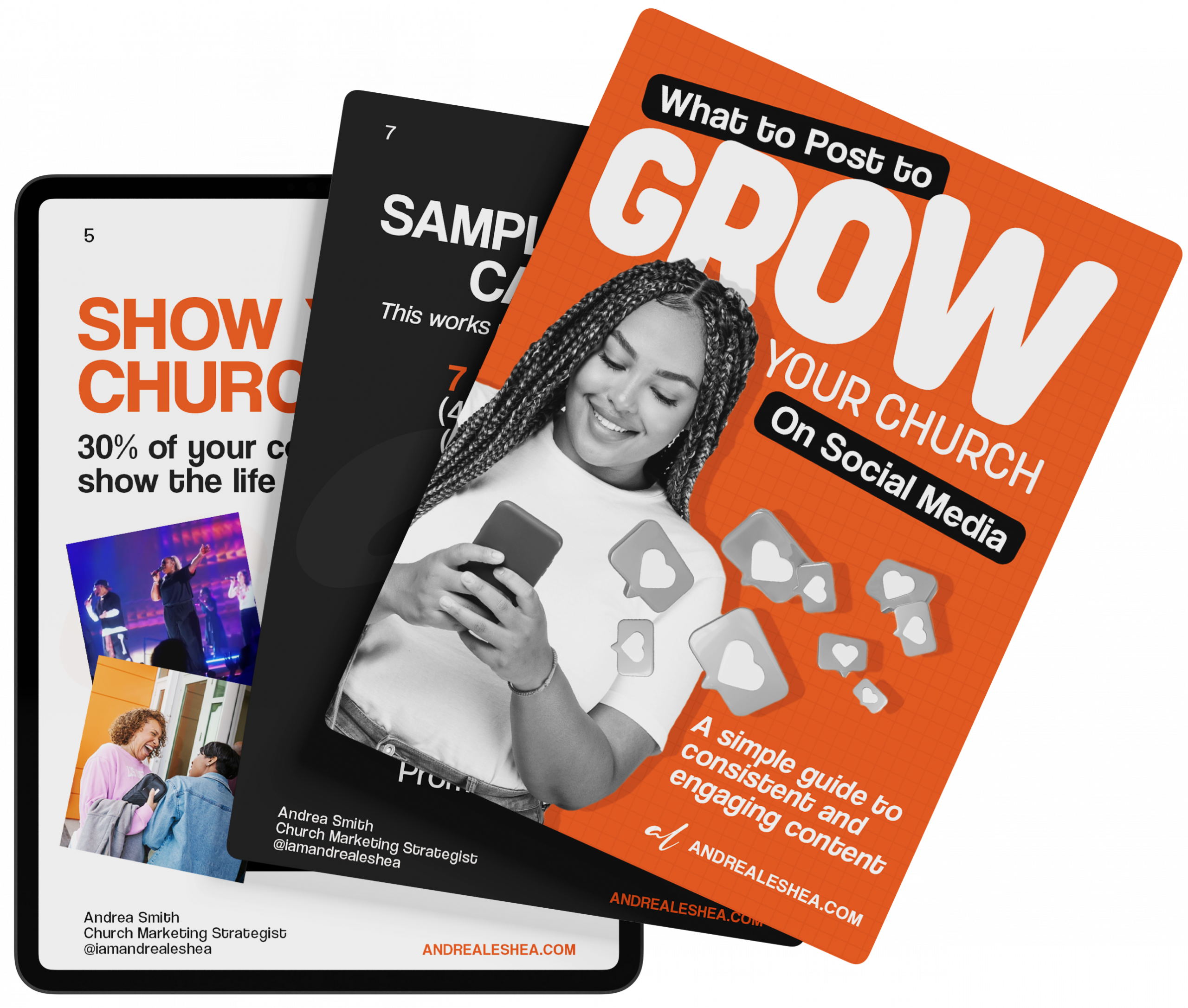 Mockup of Andrea Leshea’s "What to Post to Grow Your Church" social media guide, featuring a 60/30/10 content framework and sample weekly calendars.